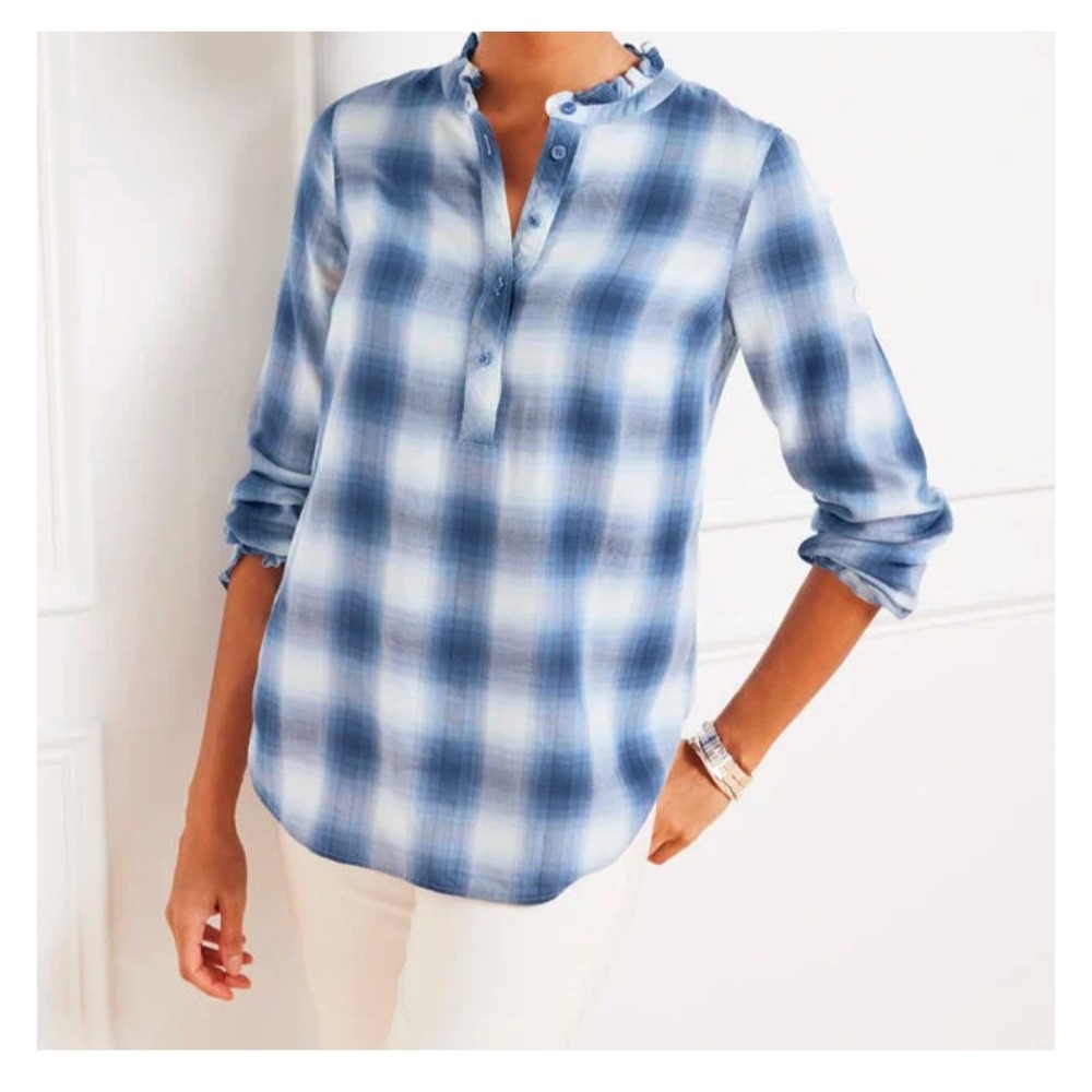 Talbots Plaid Popover Top NEW Women Size S Ruffle Blouse